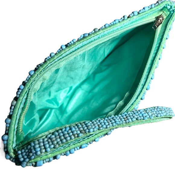 Handcrafted Beaded Clutch Bag Turquoise & Brown Beads Boho Chic Evening Purse - Picture 8 of 9